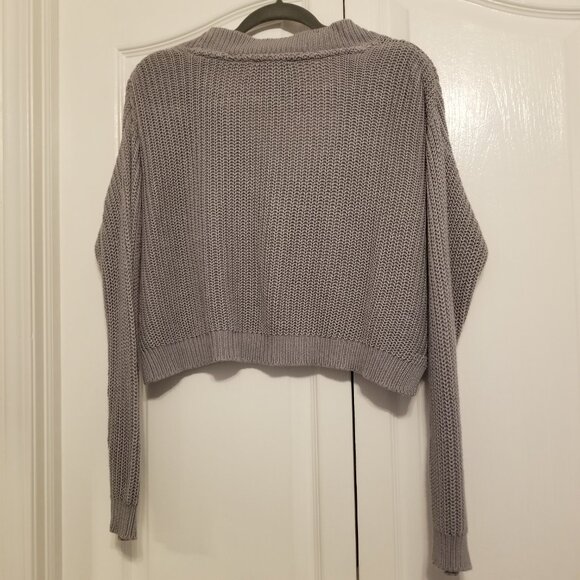 Purplish Grey Knit Cropped Sweater V-Neck Cotton Mix Medium Jumper Cozy Cloth - Picture 6 of 11